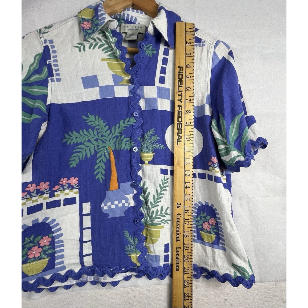 Calypso St Barth XS Linen Blend Ric Rac Trim Button Front Top Blue Print - Picture 8 of 10